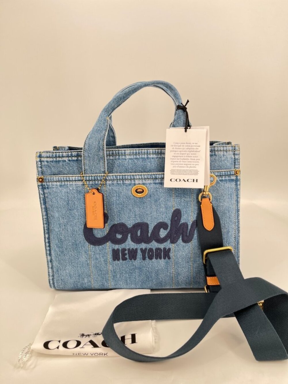 Coach Cargo Tote Bag Blue Denim Logo Top Handle Adjustable Strap Crossbody